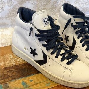 Converse White Leather Mid-Top Sneakers with Black Accents